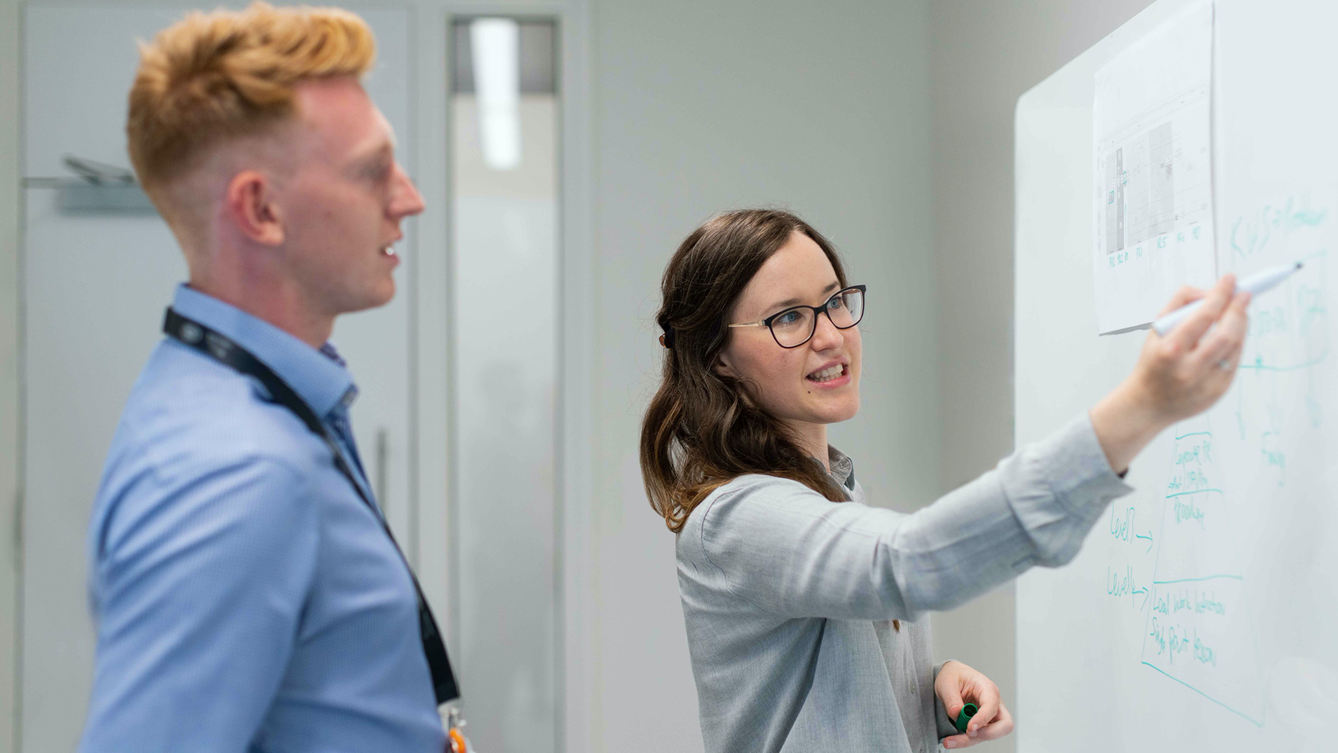 Man and a woman writing on a white board